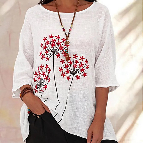 

Women's Blouse Shirt Floral Flower Long Sleeve Round Neck Tops Cotton Basic Top White Blue Red