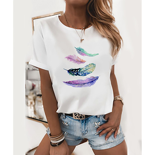 

Women's T-shirt Graphic Prints Round Neck Tops Slim 100% Cotton Basic Top White