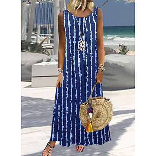 

Women's A Line Dress Maxi long Dress White Blue Sleeveless Print Summer Round Neck Casual Vintage 2021 S M L XL XXL 3XL