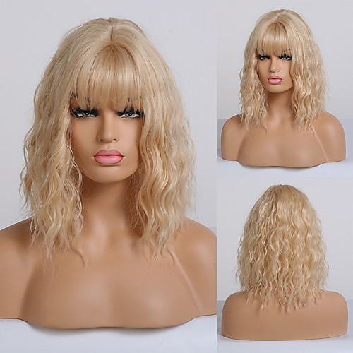 

Synthetic Wig Curly Layered Haircut Neat Bang Wig Medium Length Light golden Synthetic Hair 16 inch Women's Fashionable Design Women Adorable Blonde