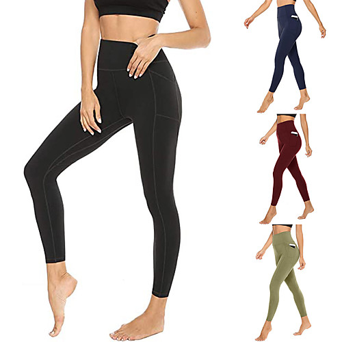 

Women's High Waist Yoga Pants Side Pockets Cropped Leggings Tummy Control Butt Lift 4 Way Stretch Black Burgundy Green Fitness Gym Workout Running Sports Activewear High Elasticity / Quick Dry