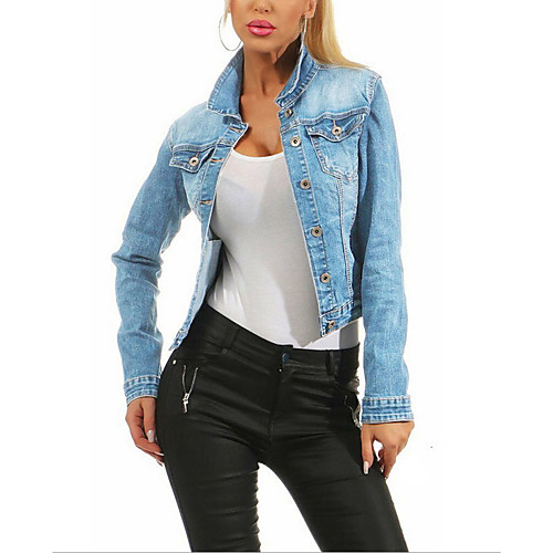 

Women's Solid Colored Spring & Fall Denim Jacket Regular Daily Long Sleeve Denim Coat Tops Black