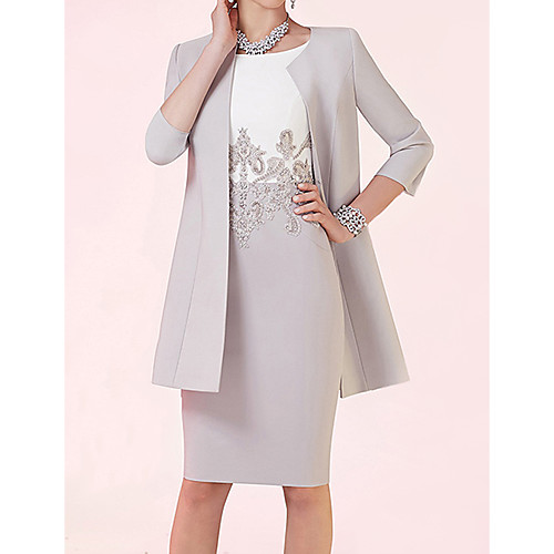 

Two Piece Sheath / Column Mother of the Bride Dress Elegant Jewel Neck Knee Length Lace Satin 3/4 Length Sleeve with Beading Color Block 2021