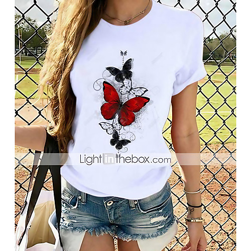 

Women's T shirt Butterfly Graphic Prints Round Neck Tops 100% Cotton Basic Top White