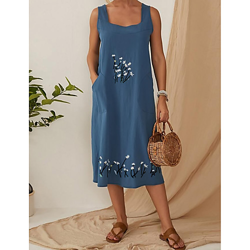 

Women's Shift Dress Midi Dress - Sleeveless Floral Pocket Summer Square Neck Casual 2020 Black Blue Khaki L XL XXL XXXL XXXXL XXXXXL / Plus Size