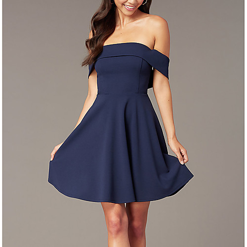 

A-Line Flirty Minimalist Homecoming Cocktail Party Dress Off Shoulder Short Sleeve Short / Mini Jersey with Bow(s) 2021