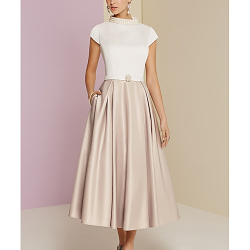 

A-Line Mother of the Bride Dress Plus Size Vintage High Neck Tea Length Satin Short Sleeve with Pearls 2021