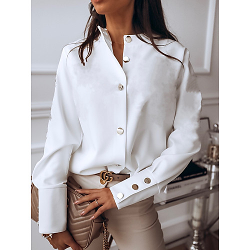 

Women's Blouse Shirt Solid Colored Long Sleeve Button Standing Collar Tops Basic Basic Top White Black