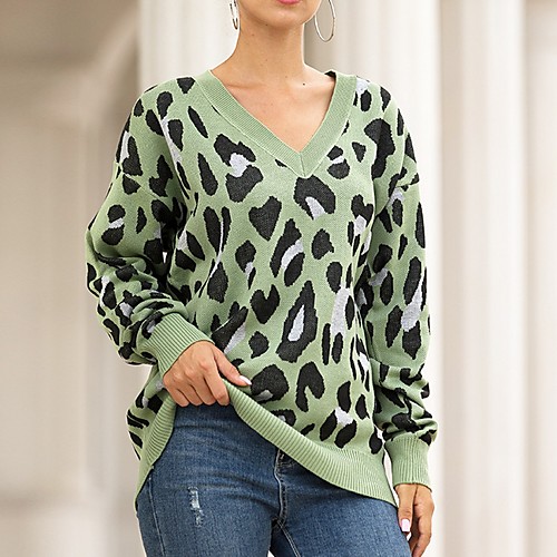 

Women's Leopard Cheetah Print Pullover Long Sleeve Sweater Cardigans V Neck White Red Khaki