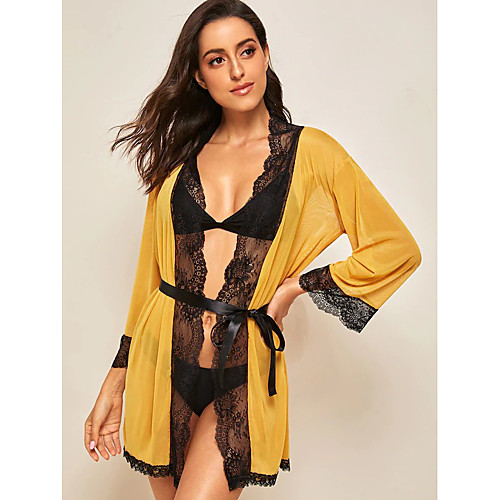 

Women's Mesh Lace Robes Suits Nightwear Patchwork Jacquard Embroidered Yellow S M L