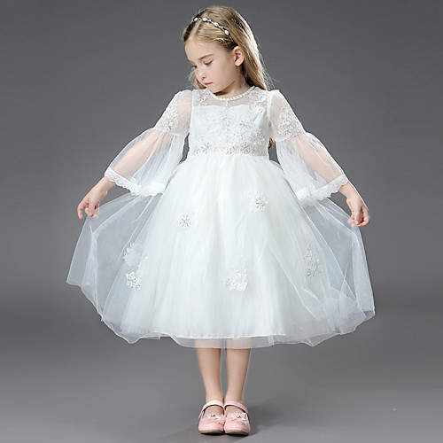 

Princess / Ball Gown Ankle Length / Royal Length Train Wedding / First Communion Flower Girl Dresses - Tulle / Matte Satin Long Sleeve Jewel Neck with Beading / Appliques / Butterfly