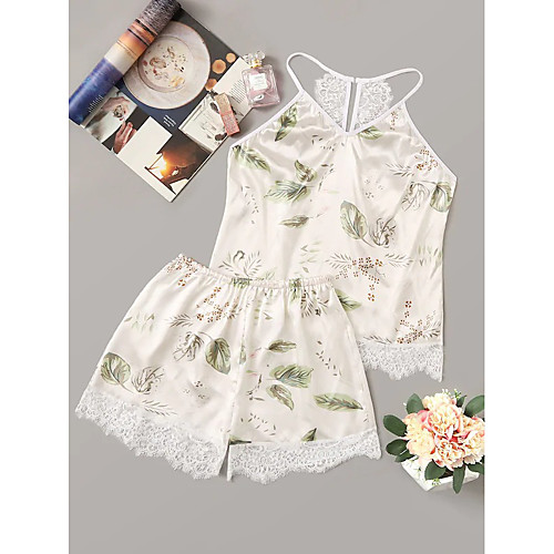 

Women's Mesh Lace Print Suits Nightwear Patchwork Geometric Embroidered White S M L
