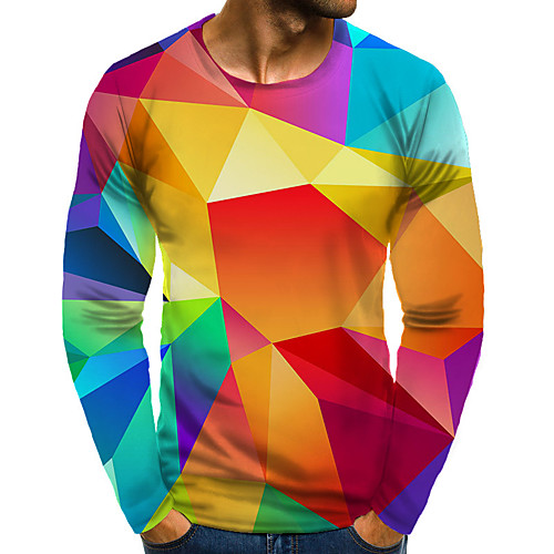 

Men's T shirt Graphic Plus Size Print Long Sleeve Daily Tops Basic Exaggerated Blue Rainbow