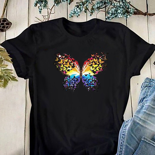 

Women's T-shirt Butterfly Animal Round Neck Tops Basic Top Black Blushing Pink Wine