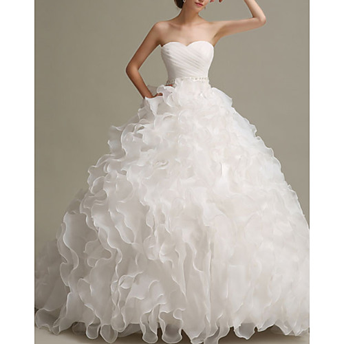 

Ball Gown Wedding Dresses Strapless Floor Length Chiffon Organza Sleeveless Formal with Pick Up Skirt Beading 2021