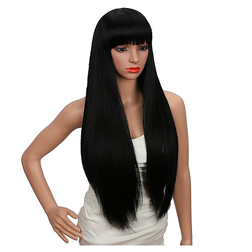 

Synthetic Wig Straight kinky Straight Neat Bang Wig Long Very Long Light Blonde Black Synthetic Hair 26 inch Women's Smooth Party New Arrival Black