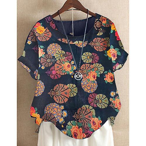

Women's Blouse Tribal Round Neck Tops Loose Red Navy Blue