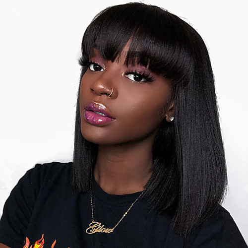 

Remy Human Hair Wig Short kinky Straight Short Bob Neat Bang Natural Black Women Easy dressing Youth Machine Made Capless Brazilian Hair Malaysian Hair Women's Girls' Natural Black #1B 12 inch