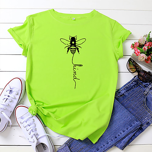 

Women's T shirt Graphic Text Bee Print Round Neck Tops 100% Cotton Basic Basic Top White Yellow Blushing Pink