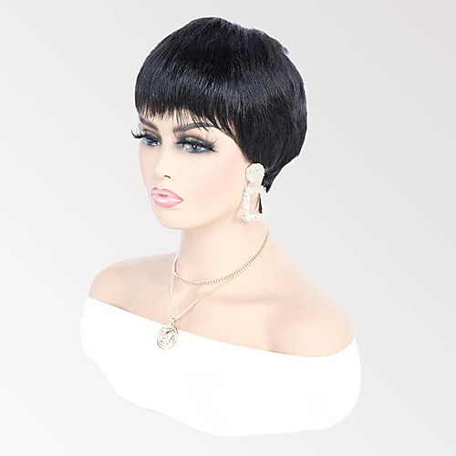 

Remy Human Hair Wig Short Natural Straight Pixie Cut Natural Fashionable Design 100% Virgin Capless Brazilian Hair Women's Natural Black #1B