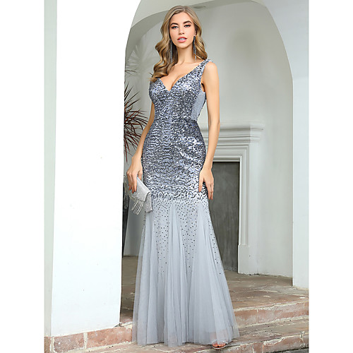 

Mermaid / Trumpet Sparkle Sexy Wedding Guest Formal Evening Dress V Neck Sleeveless Floor Length Tulle Sequined with Sequin 2021