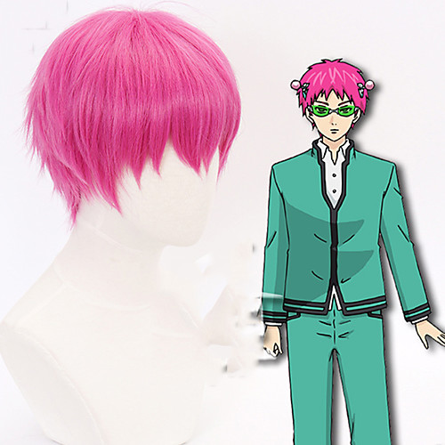 

The Disastrous Life of Saiki K. Saiki Kusuo Cosplay Wigs Men's With Bangs 12 inch Heat Resistant Fiber Straight Pink Adults' Anime Wig