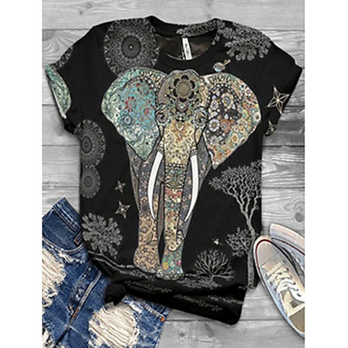 

Women's T shirt Animal Round Neck Tops Basic Top White Black Yellow