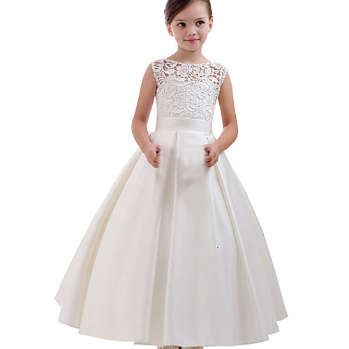 

Princess / A-Line Floor Length Party / Wedding Flower Girl Dresses - Lace / Satin Short Sleeve Jewel Neck with Pleats / Solid