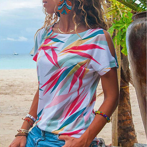 

Women's T shirt Abstract Round Neck Tops Basic Top Blue Purple Red