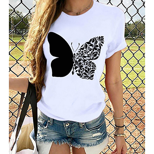 

Women's T-shirt Butterfly Graphic Prints Round Neck Tops Slim 100% Cotton Basic Top White