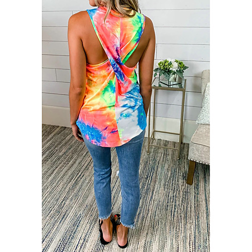 

Women's Tank Top Tie Dye Patchwork Print Round Neck Tops Basic Basic Top Rainbow