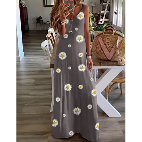 

Women's A Line Dress Maxi long Dress Purple Red Yellow Khaki Green Gray Light Blue Sleeveless Floral Summer V Neck Casual 2021 S M L XL XXL 3XL