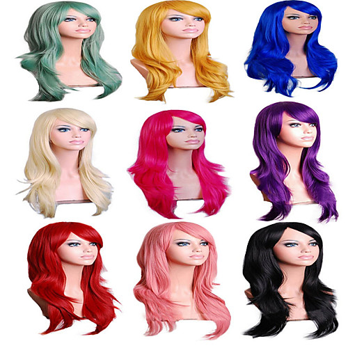 

Synthetic Wig Wavy Curly Weave Asymmetrical With Bangs Wig Long Blue Black Purple Red Yellow Synthetic Hair 23 inch Women's Cosplay Party New Arrival Black