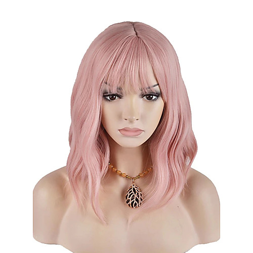 

Cosplay Costume Wig Synthetic Wig Curly Neat Bang Wig Medium Length Blonde Grey Green Gold Pink Black Synthetic Hair 14 inch Women's Anime Party Rose Pink hairjoy
