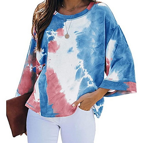 

Women's T-shirt Tie Dye Round Neck Tops Loose Basic Top Red Blushing Pink Green