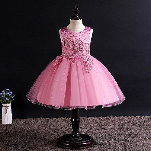 

Princess / Ball Gown Knee Length Party / Wedding Flower Girl Dresses - Tulle Sleeveless Jewel Neck with Bow(s) / Beading / Appliques