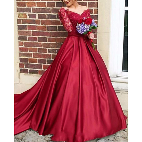 

Ball Gown Cut Out Luxurious Quinceanera Formal Evening Dress V Neck Long Sleeve Court Train Satin with Pleats 2021