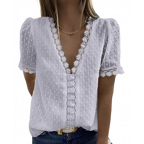 

Women's Blouse Shirt Solid Colored Plain V Neck Tops Basic Top White Black Dusty Blue