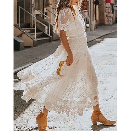 

Women's Sundress Maxi long Dress White Short Sleeve Solid Color Lace Summer V Neck Hot Boho 2021 S M L XL