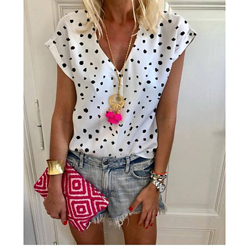 

Women's Blouse Shirt Polka Dot V Neck Tops Basic Top White Blue Yellow
