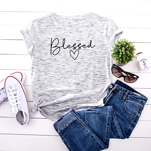 

Women's T shirt Graphic Text Letter Print Round Neck Tops 100% Cotton Basic Basic Top White Yellow Blushing Pink