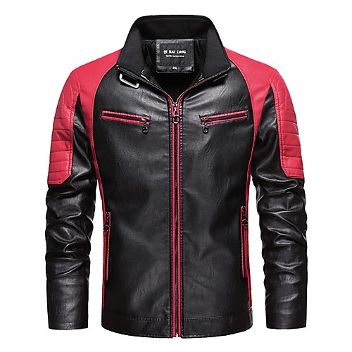 

Men's Solid Colored Spring & Fall Faux Leather Jacket Regular Daily Long Sleeve PU Coat Tops Black