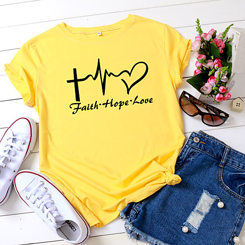 

Women's T shirt Graphic Heart Text Print Round Neck Basic Tops 100% Cotton White Black Yellow