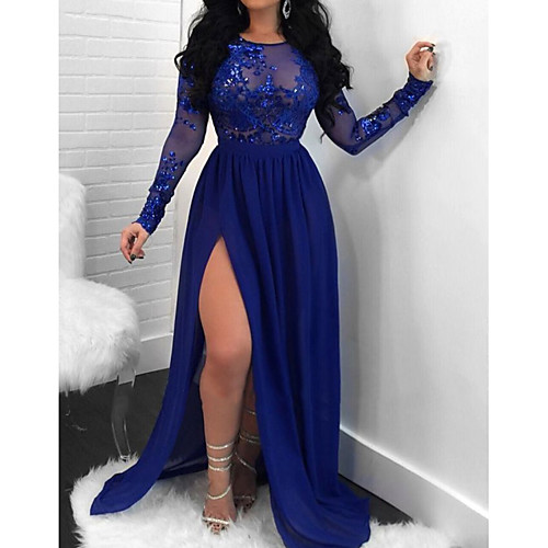 

Sheath / Column Beautiful Back Sexy Engagement Formal Evening Dress Illusion Neck Long Sleeve Sweep / Brush Train Chiffon Lace with Split Appliques 2021