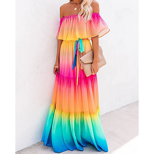 

Women's A Line Dress Maxi long Dress Rainbow Short Sleeve Color Gradient Print Summer Off Shoulder Elegant 2021 S M L XL