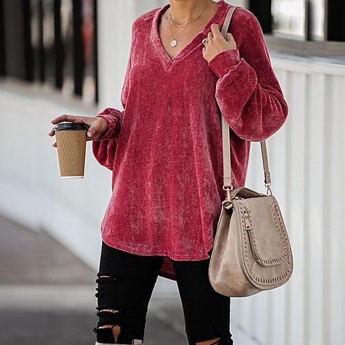 

Women's Blouse Shirt Solid Colored Long Sleeve V Neck Tops Basic Top Blue Wine