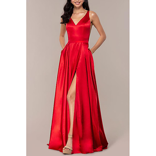 

A-Line Empire Wedding Guest Prom Dress V Neck Sleeveless Sweep / Brush Train Charmeuse with Split Front 2021