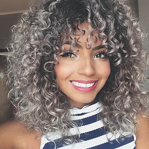 

Synthetic Wig Afro Curly With Bangs Wig Long Silver grey Synthetic Hair 16 inch Women's Highlighted / Balayage Hair Exquisite Waterfall Silver