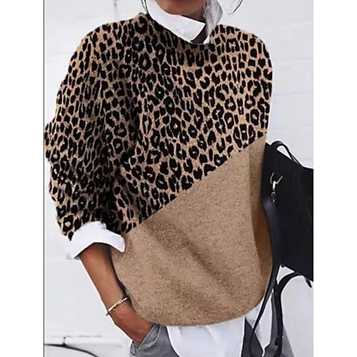 

Women's Leopard Cheetah Print Pullover Long Sleeve Sweater Cardigans Crew Neck Round Neck Fall Winter Khaki Green Gray