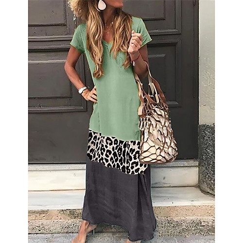 

Women's Shift Dress Maxi long Dress - Short Sleeves Leopard Color Block Summer V Neck Casual Vacation Holiday 2020 Black Orange Green Gray S M L XL XXL XXXL XXXXL XXXXXL